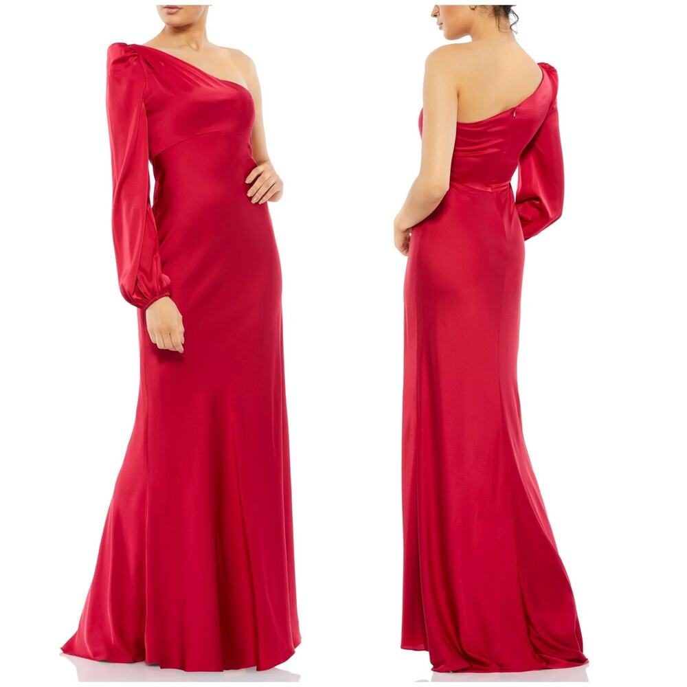 Mac Duggal NWT 55401 One Shoulder Blouson Sleeve Gown Satin Ruby Red Size 0
